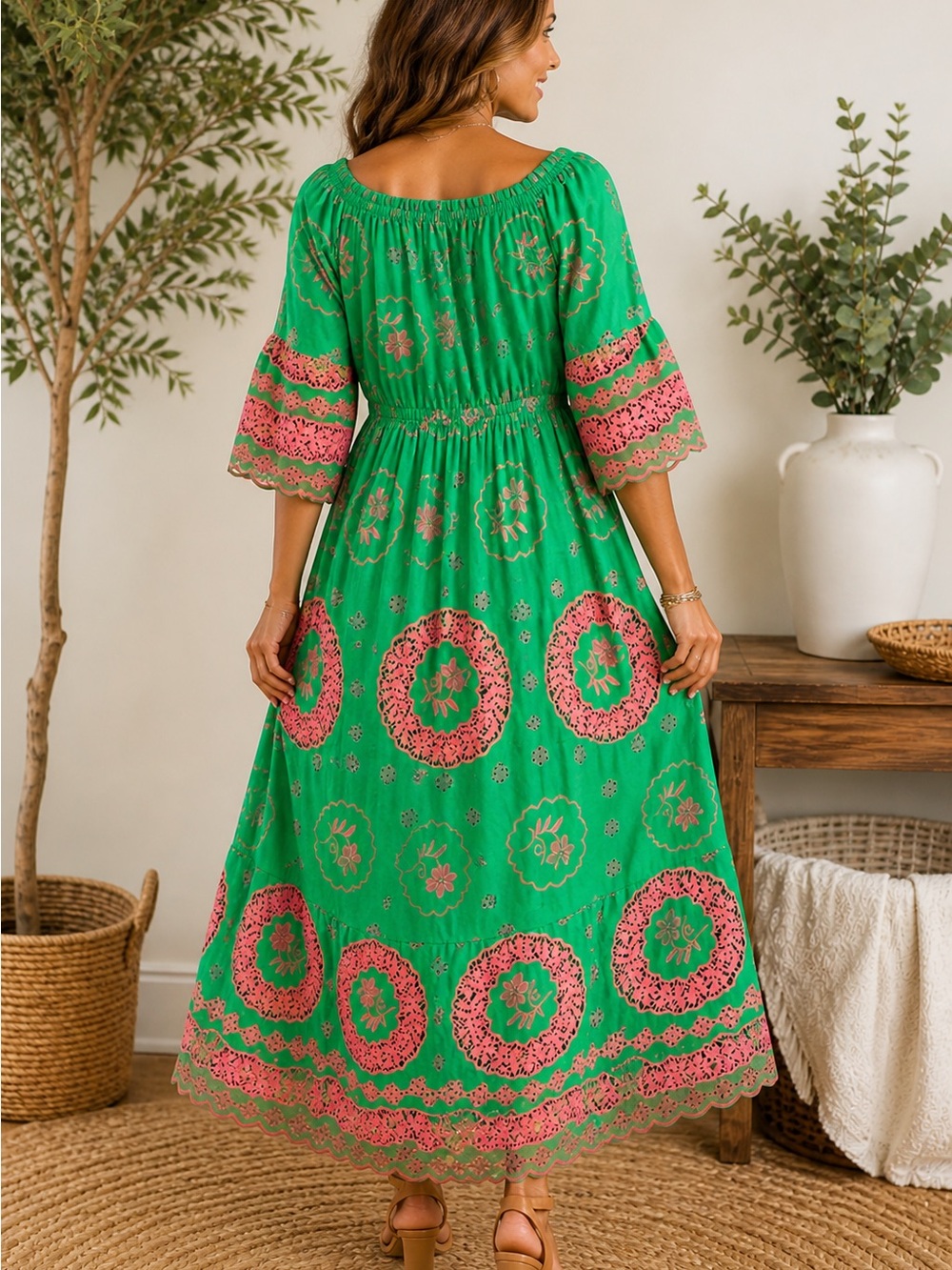 NWT ADDCONFDT Boho Green & Pink Embroidered Midi Dress | Size M 🌿 - Picture 2 of 4